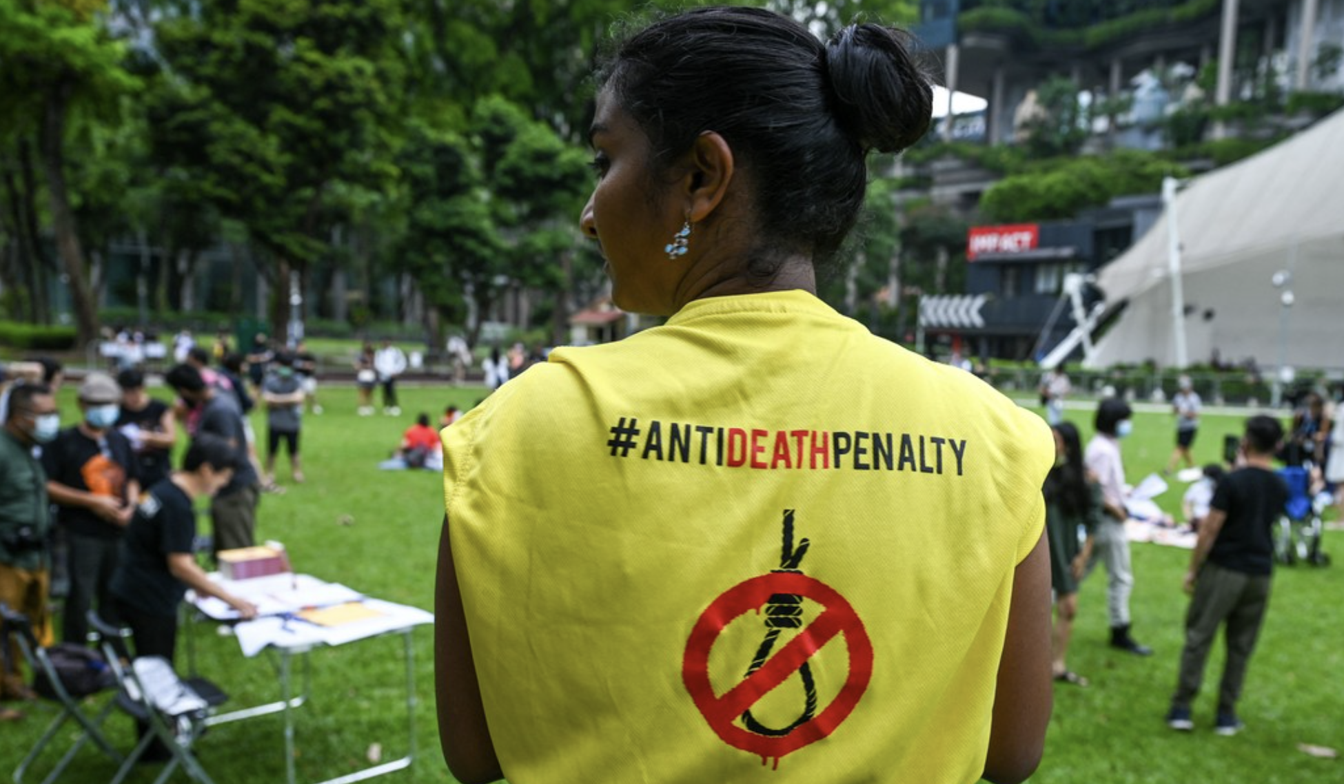 An activist at a protest against the death penalty at Speakers’ Corner in Singapore on 3 April, 2022.