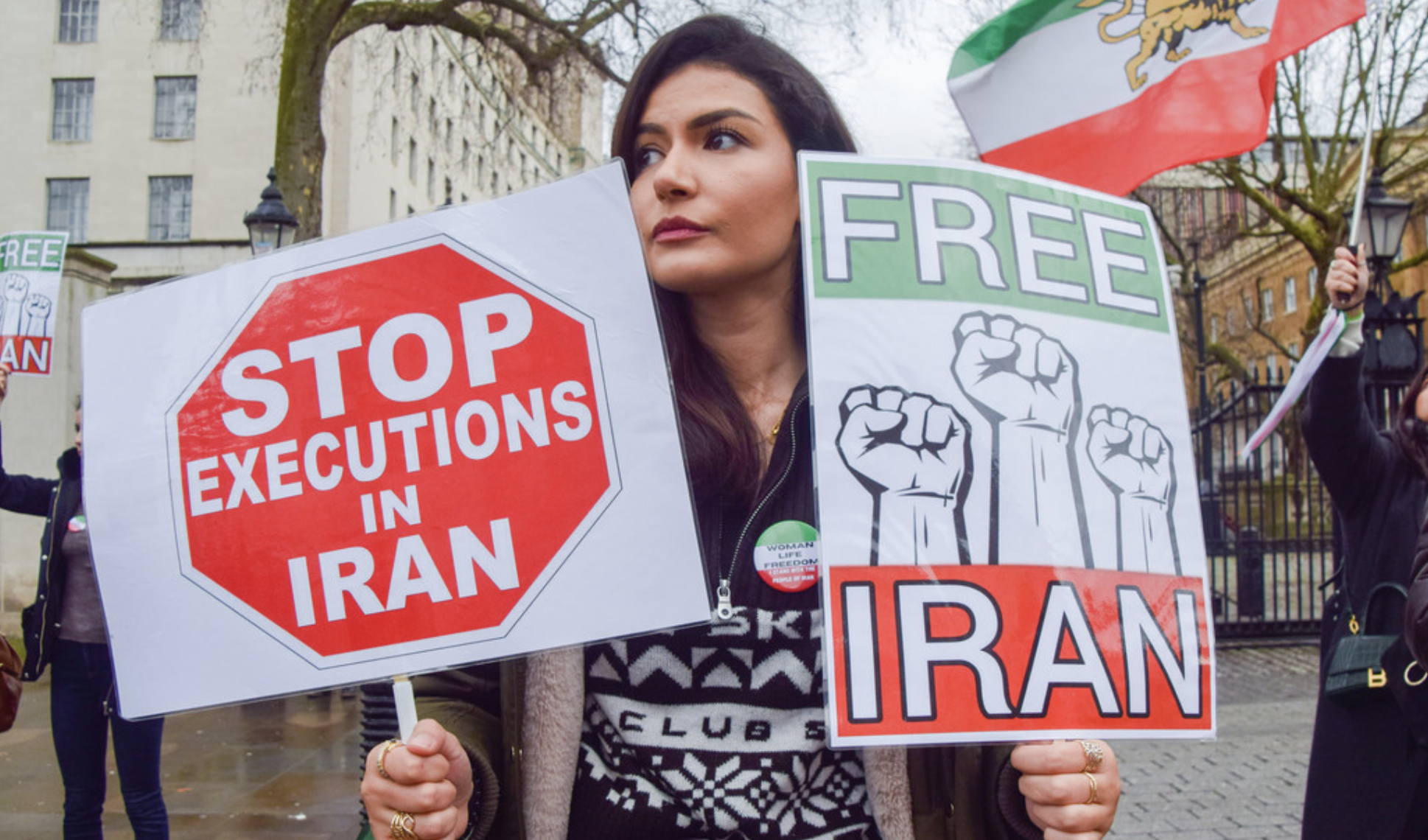 Demonstrators gathered outside Downing Street in protest against executions in Iran and in support of freedom for Iran, 14 January, 2023.